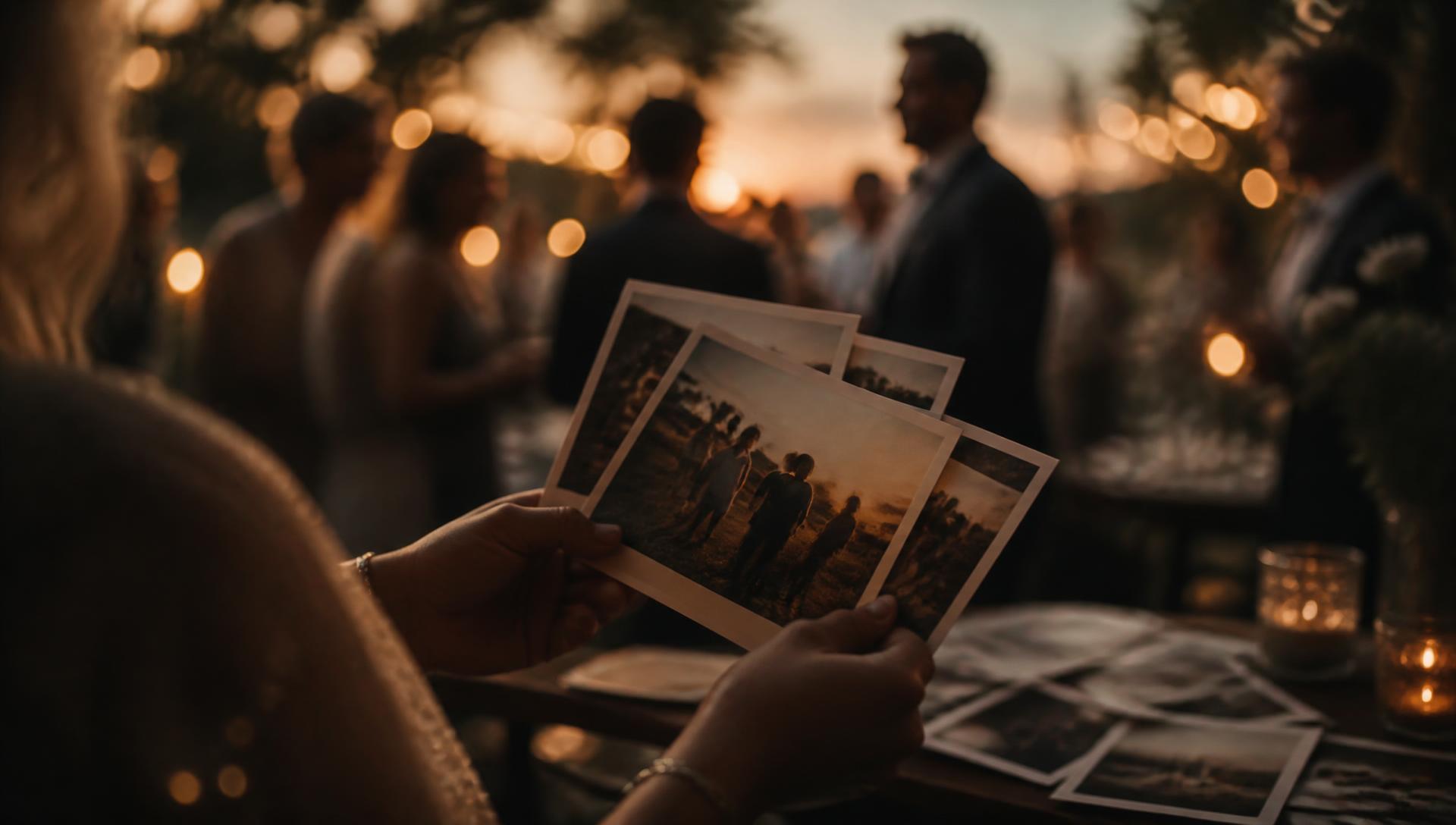 Hands holding printed photographs at a golden-hour gathering